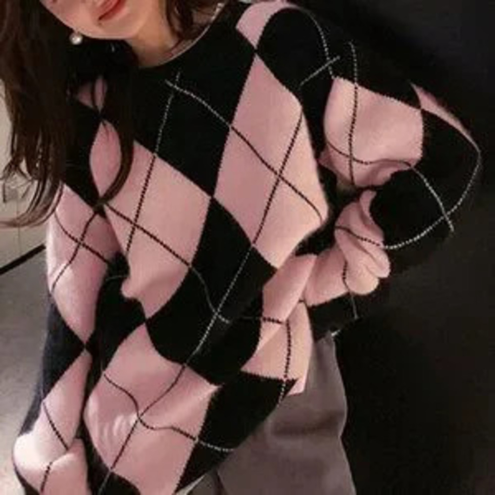 ZARA Pink Casual Women's Oversized Argyle Crew Neck Sweater